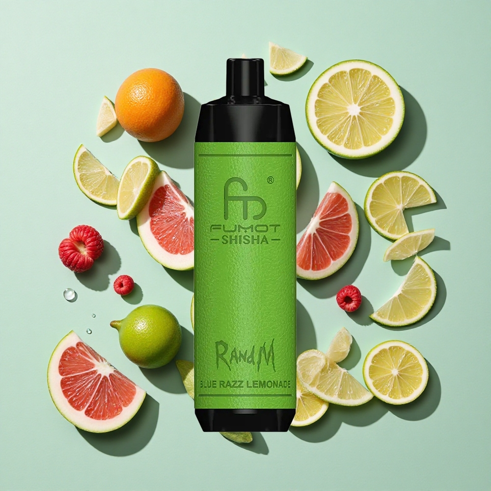 RandM Fumot Shisha 10000 Puffs Blå Bringebær Lemonade engros Norge LED Indikator Type-C Port