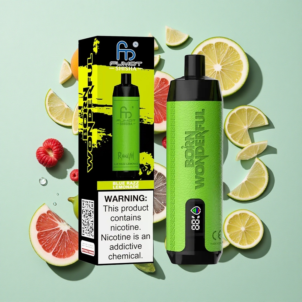 RandM Fumot Shisha 10000 Puffs Blå Bringebær Lemonade engros Norge LED Indikator Type-C Port