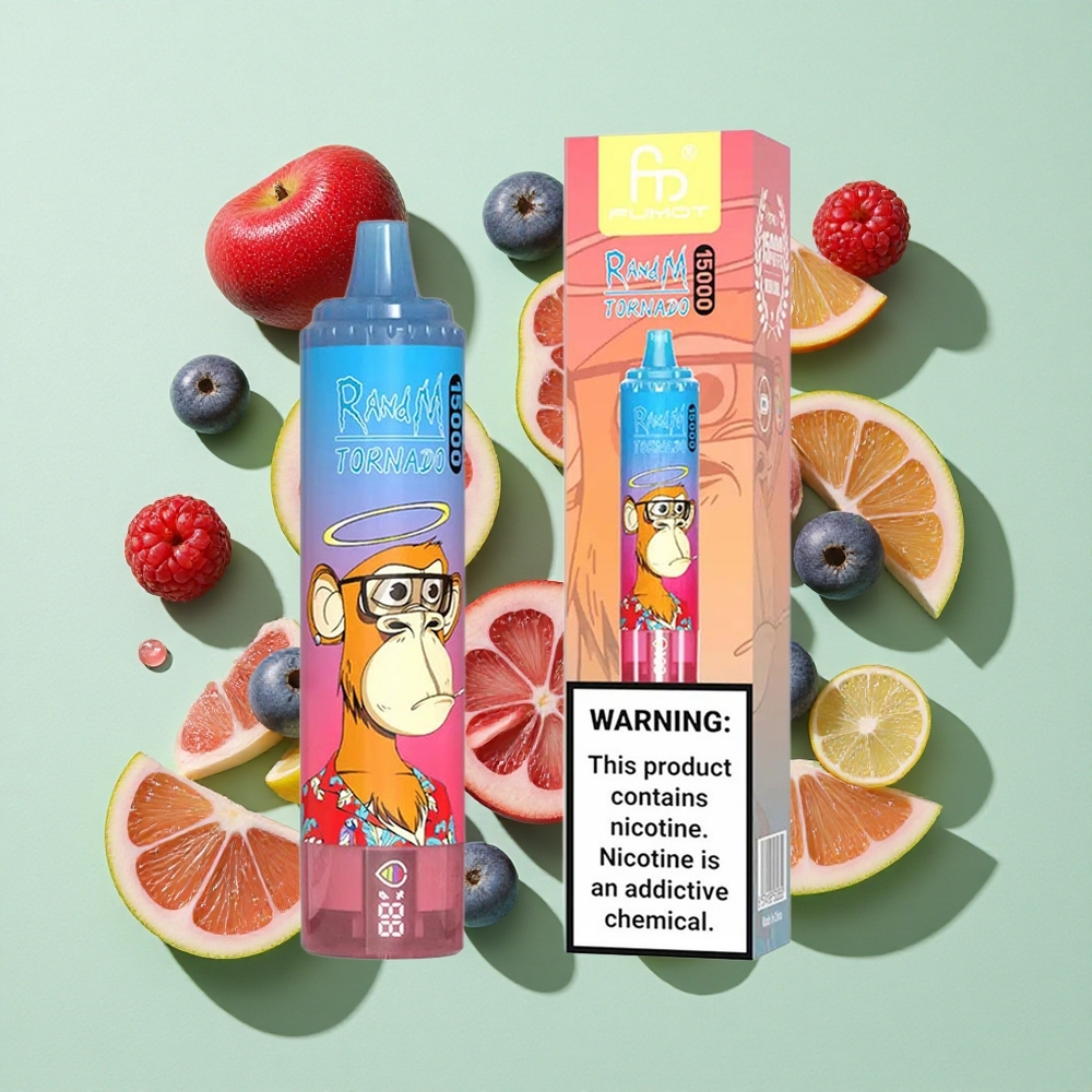 RandM Fumot Tornado 15000 Puffs Blå Bringebær & Kirsebær engros Norge 25ml LCD
