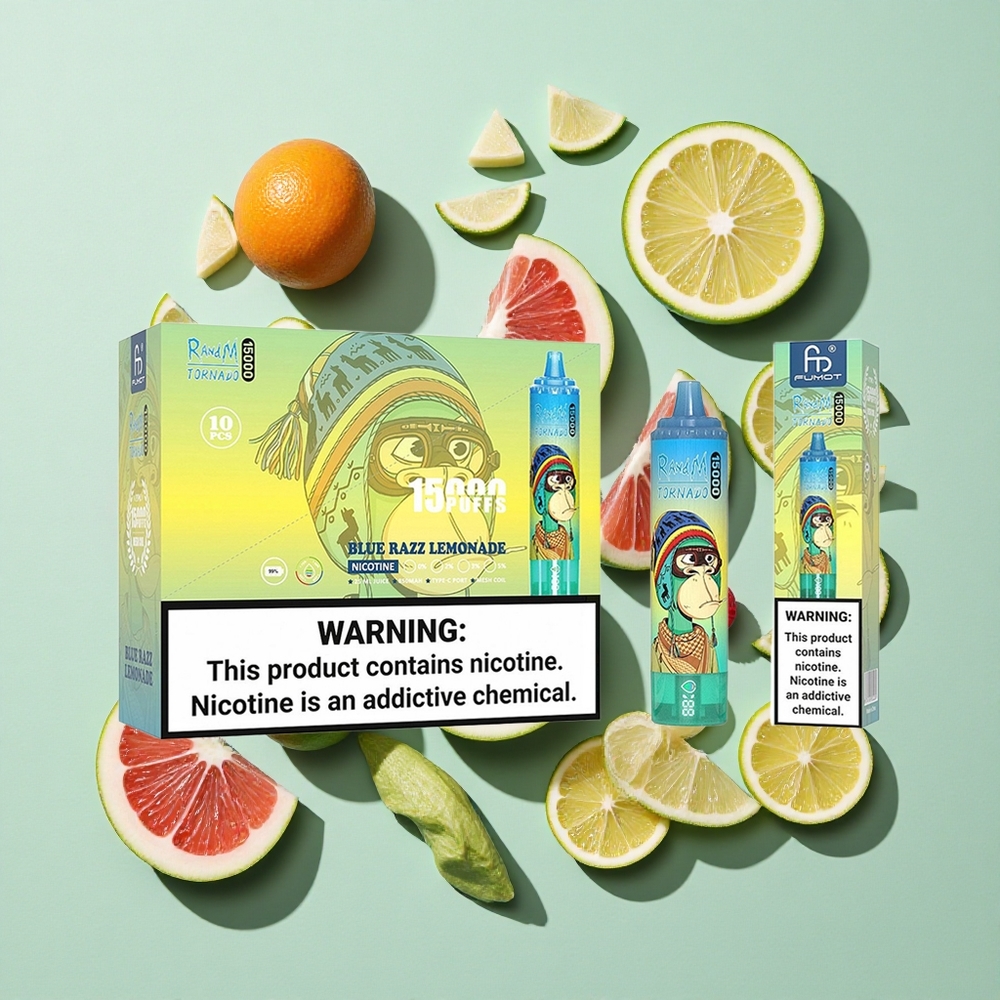 RandM Fumot Tornado 15000 Puffs Blå Bringebær Lemonade engros Norge 25ml 850mAh