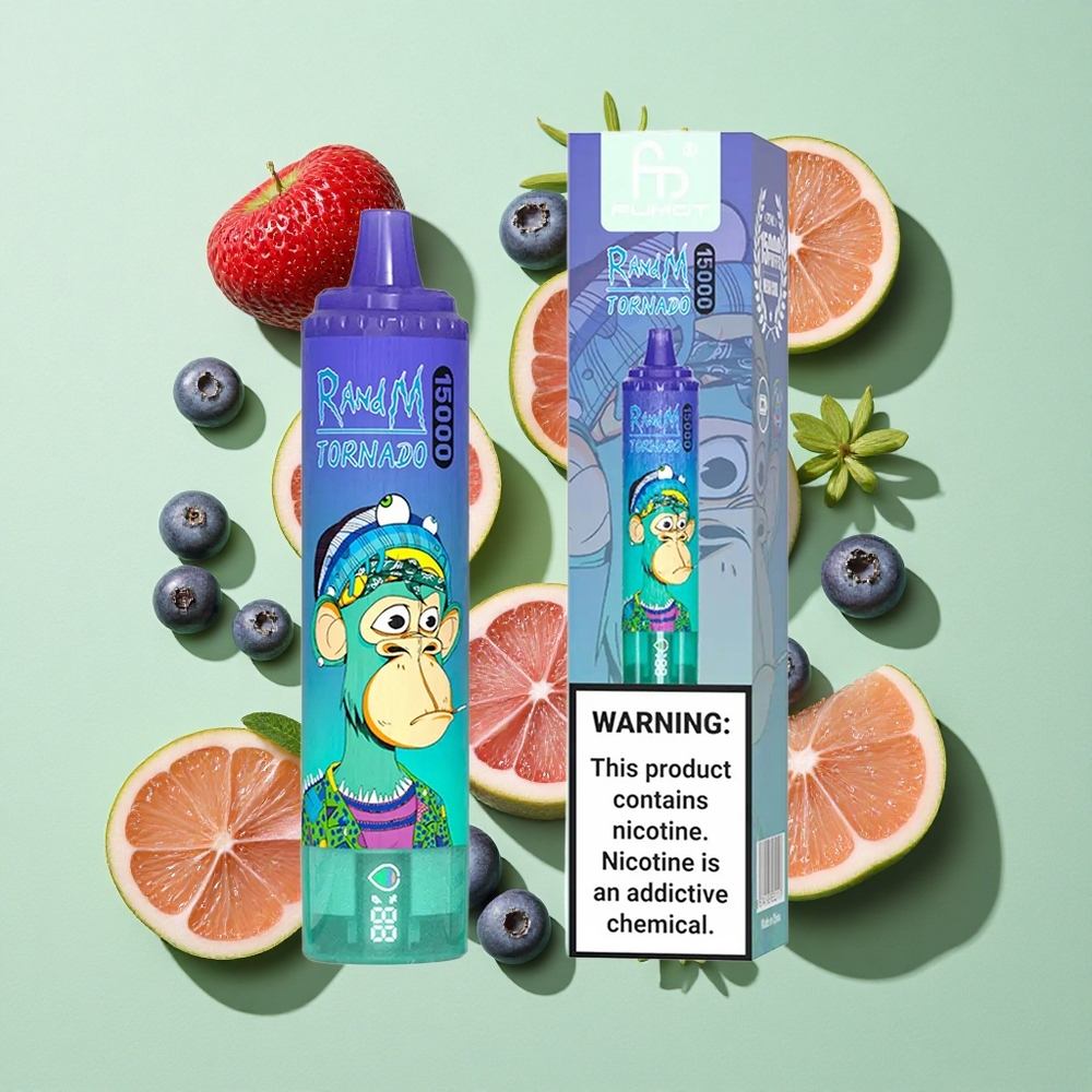 RandM Fumot Tornado 15000 Puffs Blåbær På Is Engangs Vape 25ml engros Norge LCD Skjerm