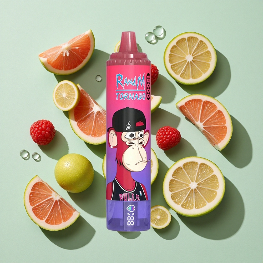 RandM Fumot Tornado 15000 Puffs Blåsur Bringebær engros Norge Type-C Ladbar LCD Skjerm