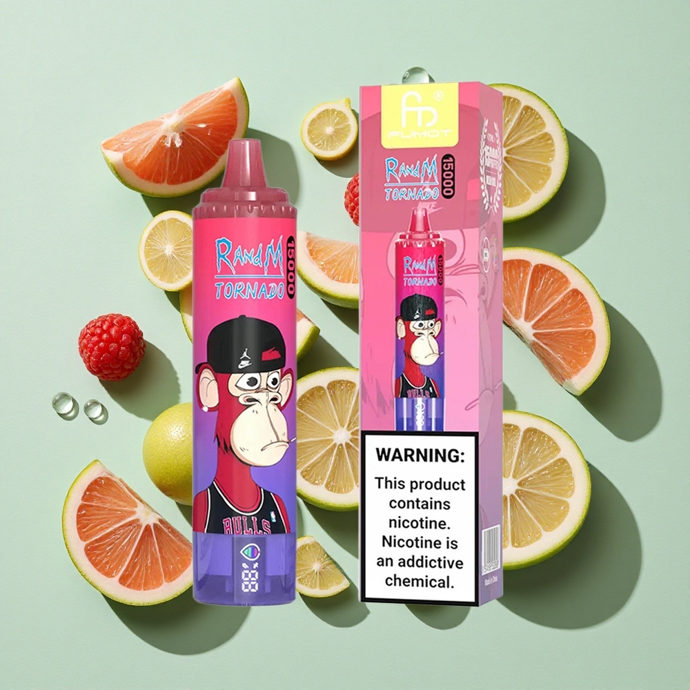 RandM Fumot Tornado 15000 Puffs Blåsur Bringebær engros Norge Type-C Ladbar LCD Skjerm