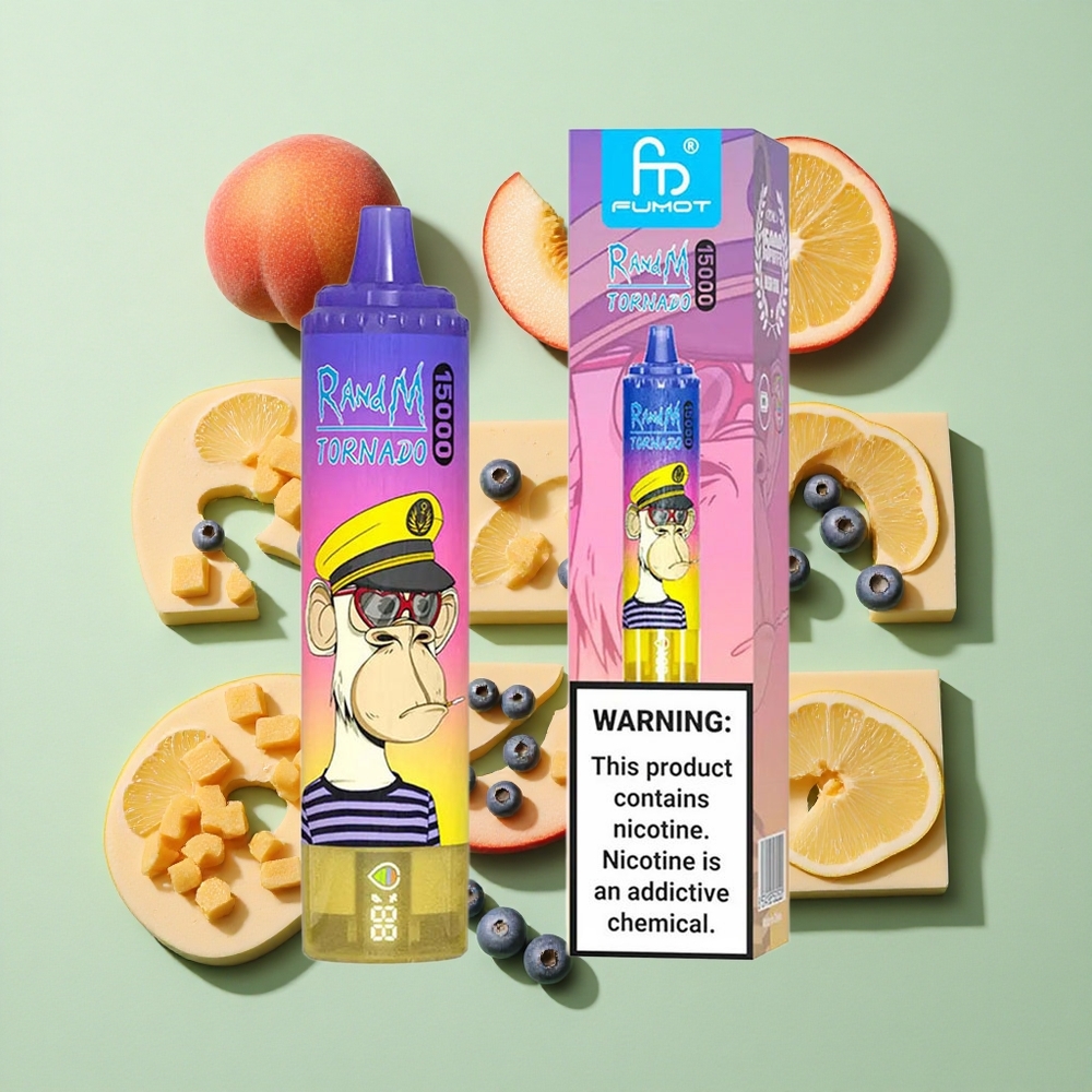 RandM Fumot Tornado 15000 Puffs Fersken Blåbær Godteri engros Norge 25ml LCD Skjerm