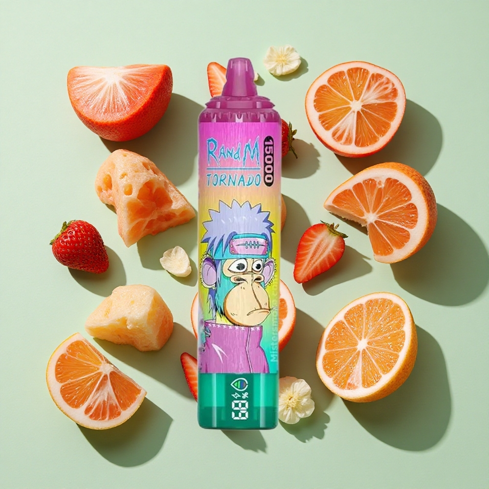 RandM Fumot Tornado 15000 Puffs Isert Jordbær Engangs Vape 25ml engros Norge LCD Skjerm