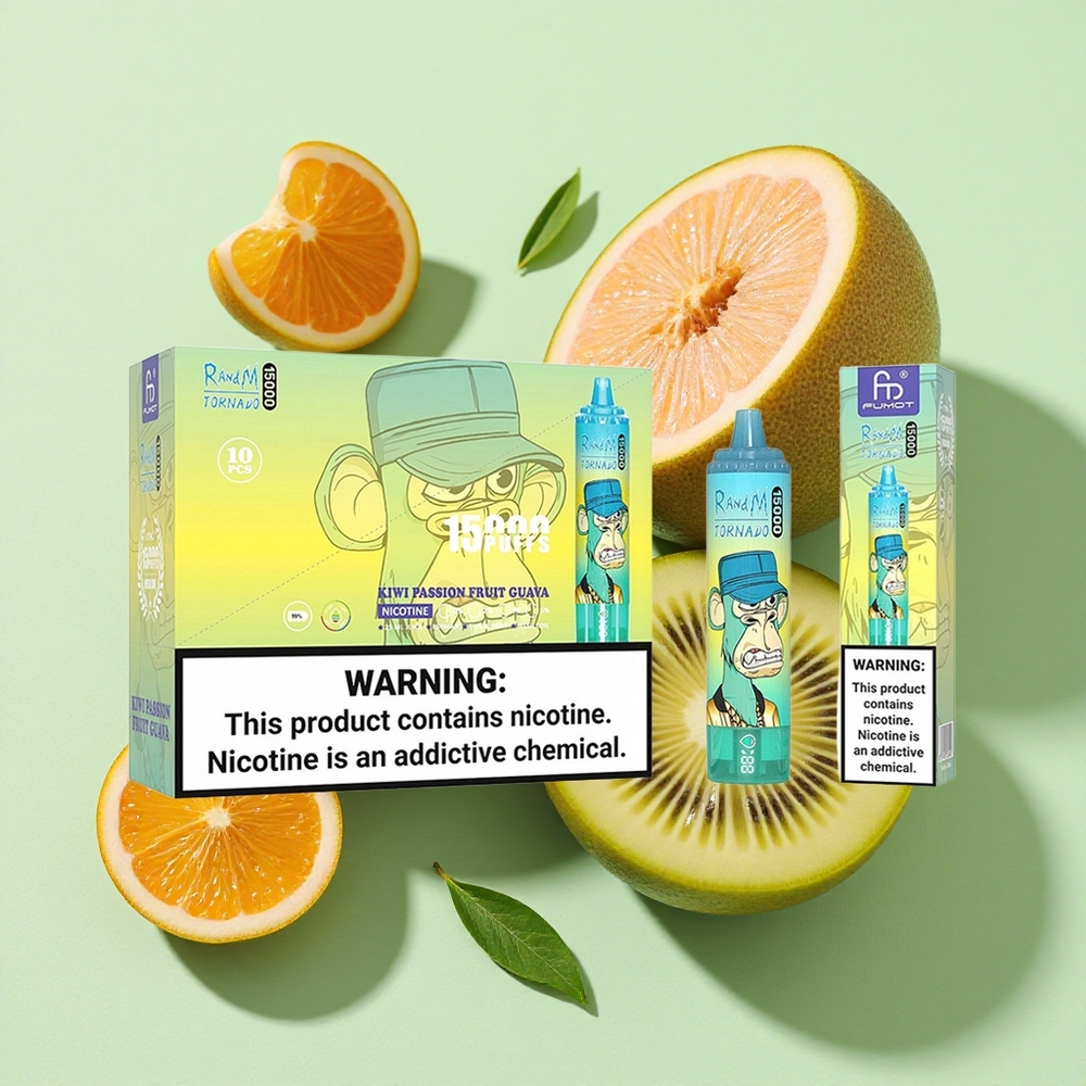 RandM Fumot Tornado 15000 Puffs Kiwi Pasjonsfrukt Guava engros Norge 25ml LCD Skjerm
