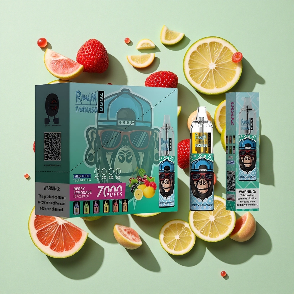 RandM Fumot Tornado 7000 Puffs Bær Lemonade engros Norge 14 ML E-væske 850 MAH Batteri