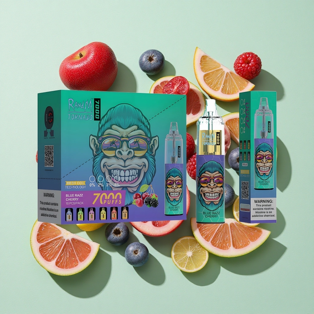 RandM Fumot Tornado 7000 Puffs Blå Bringebær & Kirsebær engros Norge 14 ML E-væske Type-C Port