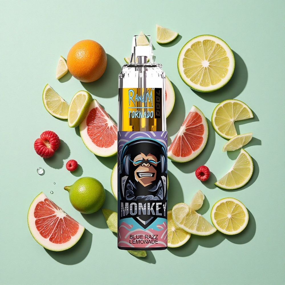 RandM Fumot Tornado 7000 Puffs Blå Bringebær Lemonade engros Norge 14 ML E-væske 850 MAH Batteri