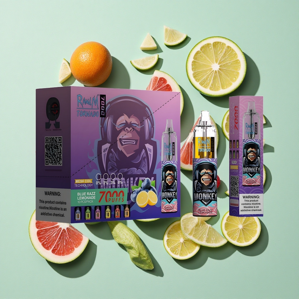 RandM Fumot Tornado 7000 Puffs Blå Bringebær Lemonade engros Norge 14 ML E-væske 850 MAH Batteri