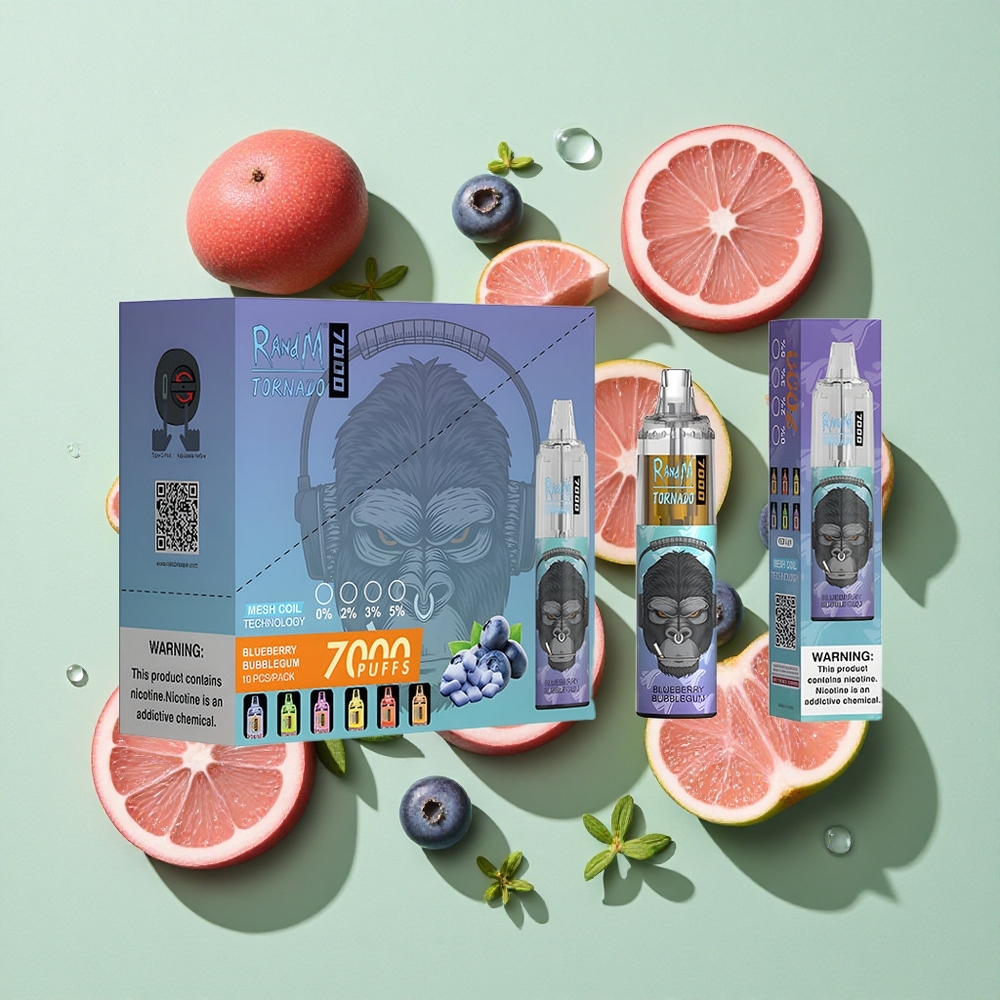 RandM Fumot Tornado 7000 Puffs Blåbær Tyggegummi engros Norge 14 ML E-væske 850 MAH Batteri