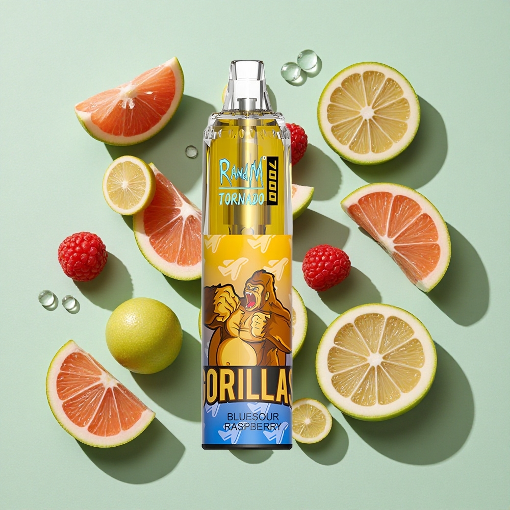 RandM Fumot Tornado 7000 Puffs Blåsur Bringebær engros Norge 14ML E-væske Luftjusterbar