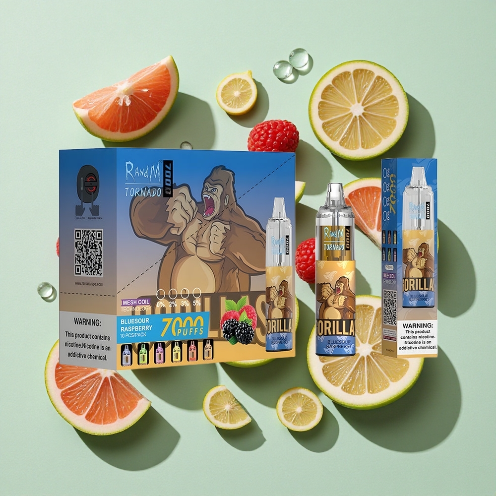 RandM Fumot Tornado 7000 Puffs Blåsur Bringebær engros Norge 14ML E-væske Luftjusterbar