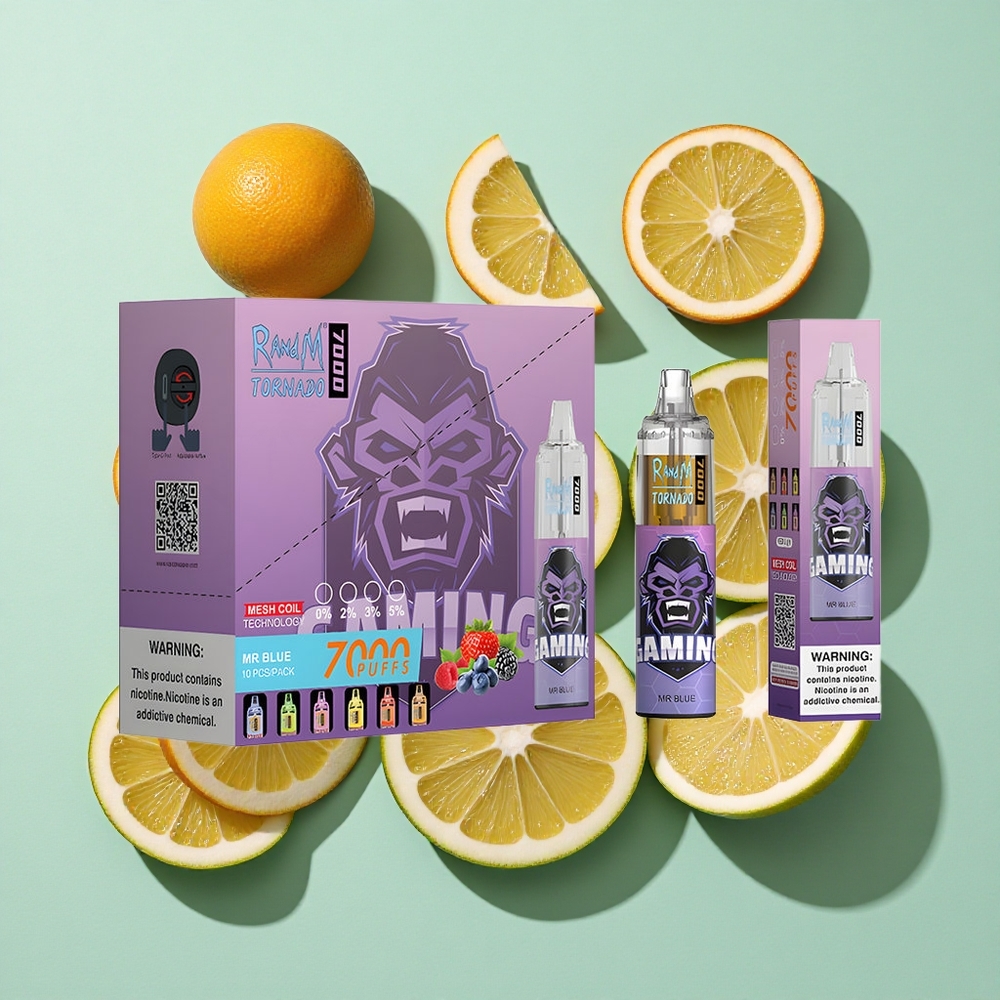RandM Fumot Tornado 7000 Puffs Dr. Blå 14 ML E-væske engros Norge RGB Lys