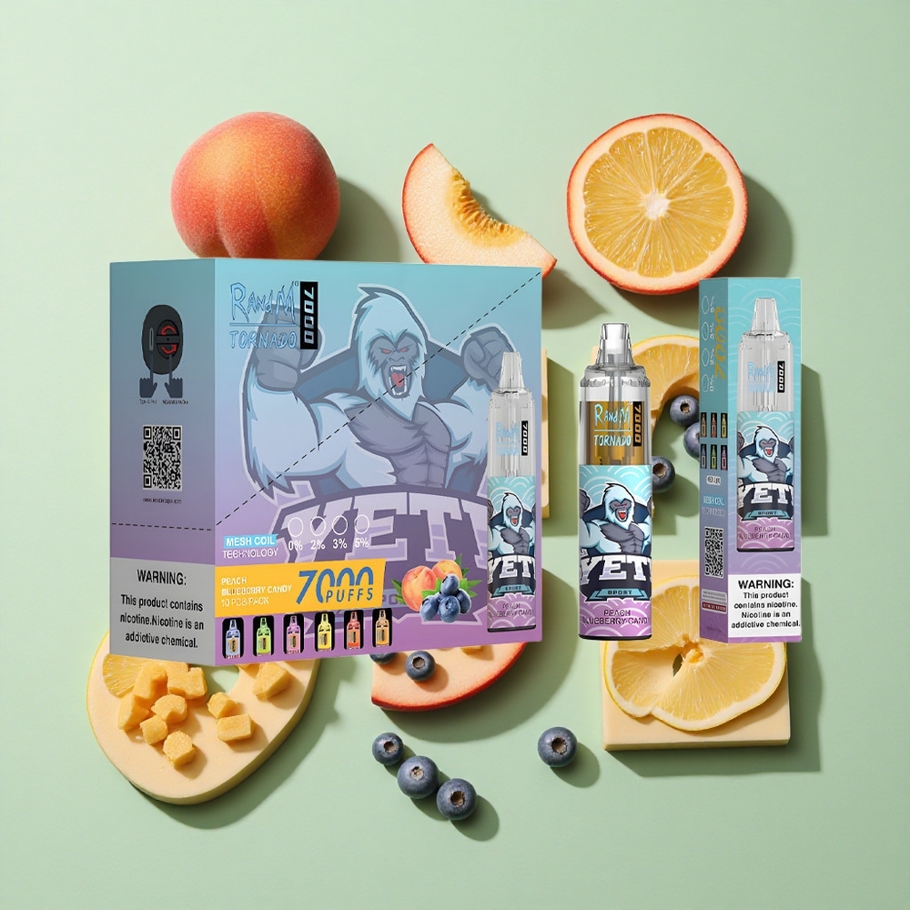 RandM Fumot Tornado 7000 Puffs Fersken Blåbær Godteri engros Norge 14 ML E-væske 850 MAH Batteri