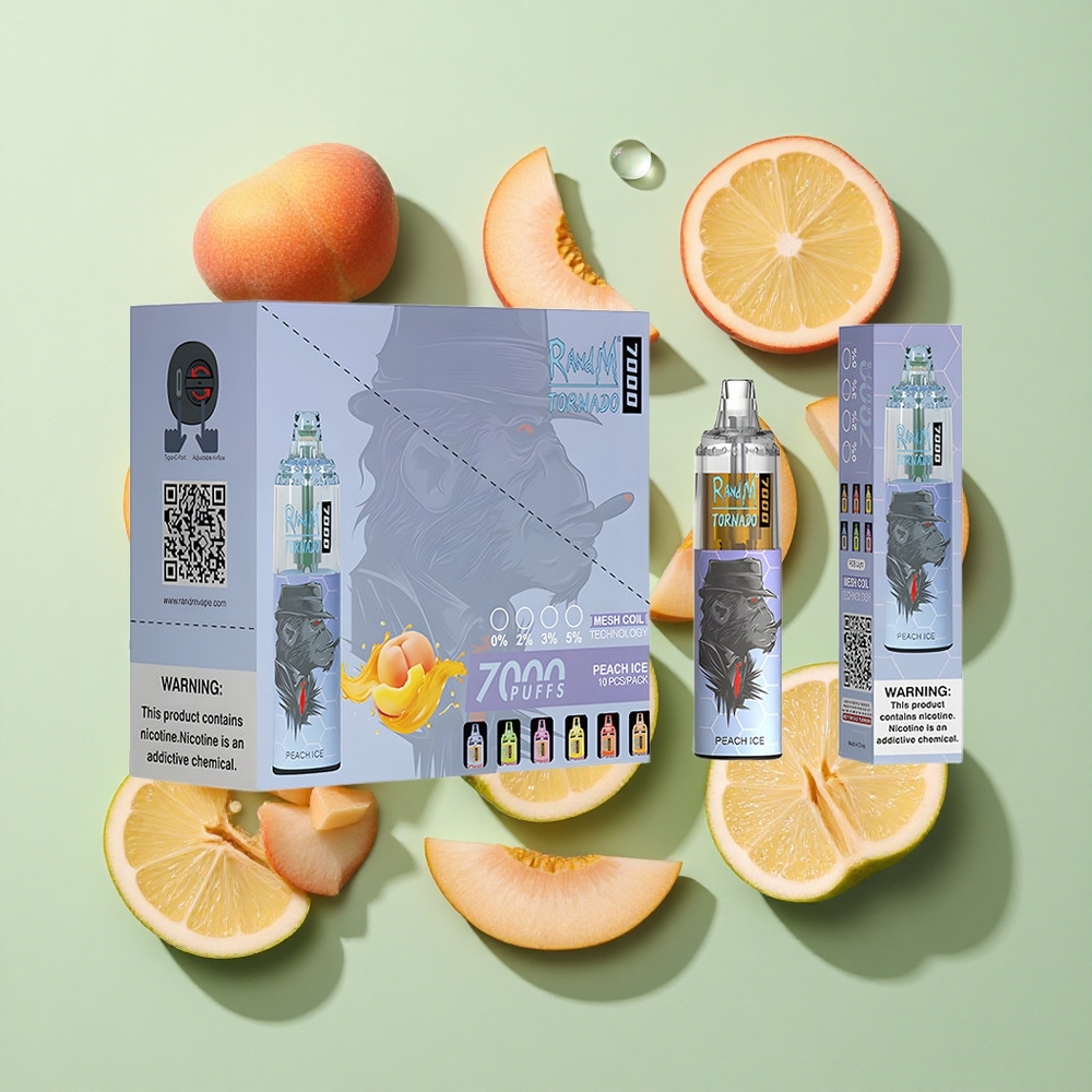RandM Fumot Tornado 7000 Puffs Fersken Is engros Norge 14 ML E-væske 850 MAH Batteri