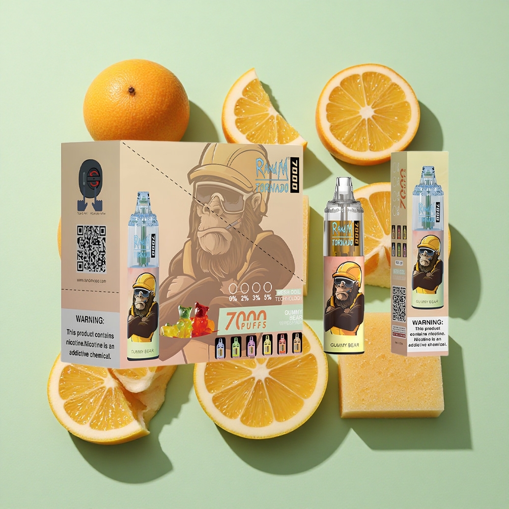 RandM Fumot Tornado 7000 Puffs Gummy Bjørn Engangs Vape 14 ML E-væske engros Norge RGB Lys