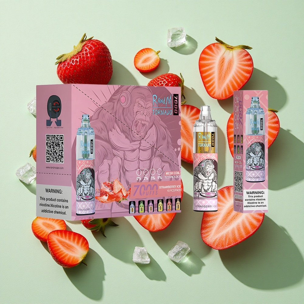 RandM Fumot Tornado 7000 Puffs Jordbær Is Engangs Vape 14 ML E-væske engros Norge Luft-Justerbar