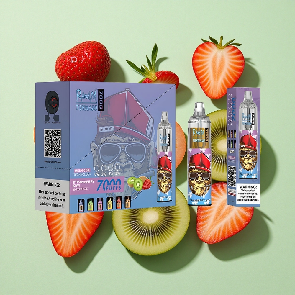 RandM Fumot Tornado 7000 Puffs Jordbær Kiwi engros Norge 14 ML E-væske RGB Lys