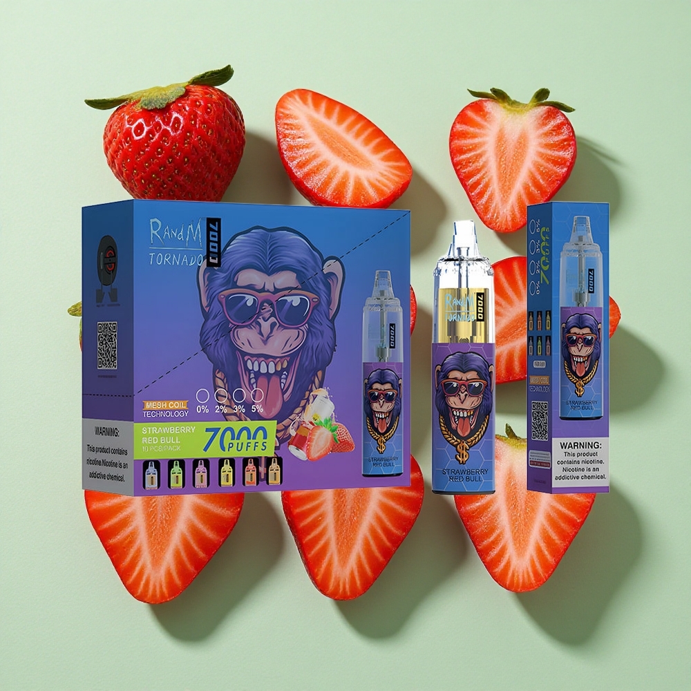 RandM Fumot Tornado 7000 Puffs Jordbær Red Bull engros Norge 14 ML E-væske 850 MAH Batteri