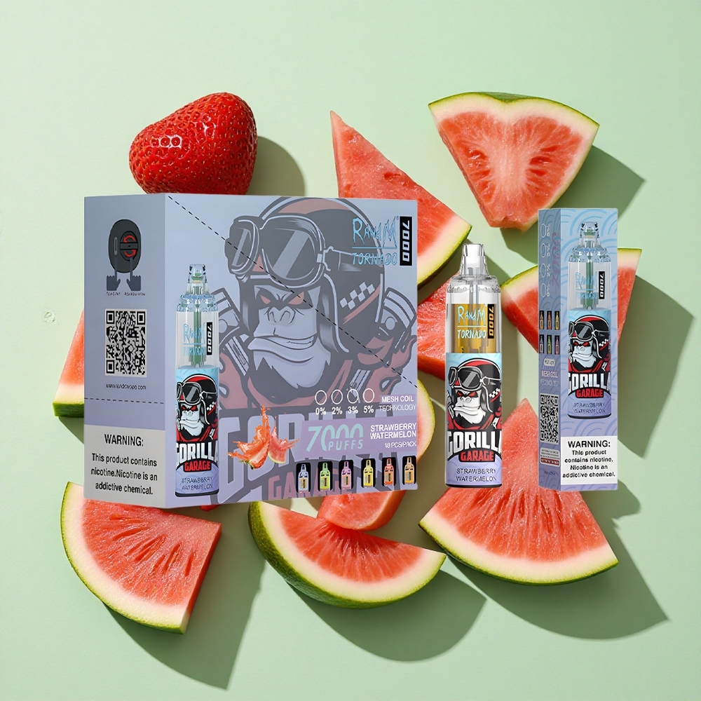 RandM Fumot Tornado 7000 Puffs Jordbær Vannmelon 14 ML E-væske engros Norge Luftjusterbar