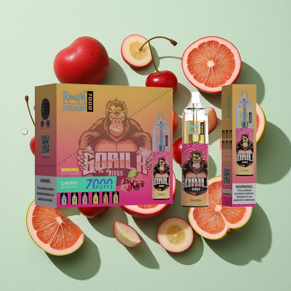 RandM Fumot Tornado 7000 Puffs Kirsebær Engangs Vape 14 ML E-væske engros Norge RGB Lys