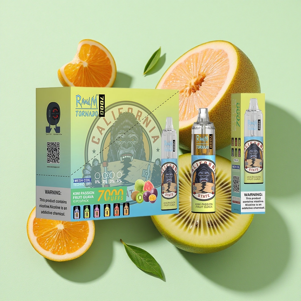 RandM Fumot Tornado 7000 Puffs Kiwi Pasjonsfrukt Guava engros Norge 14 ML E-væske Luftjusterbar