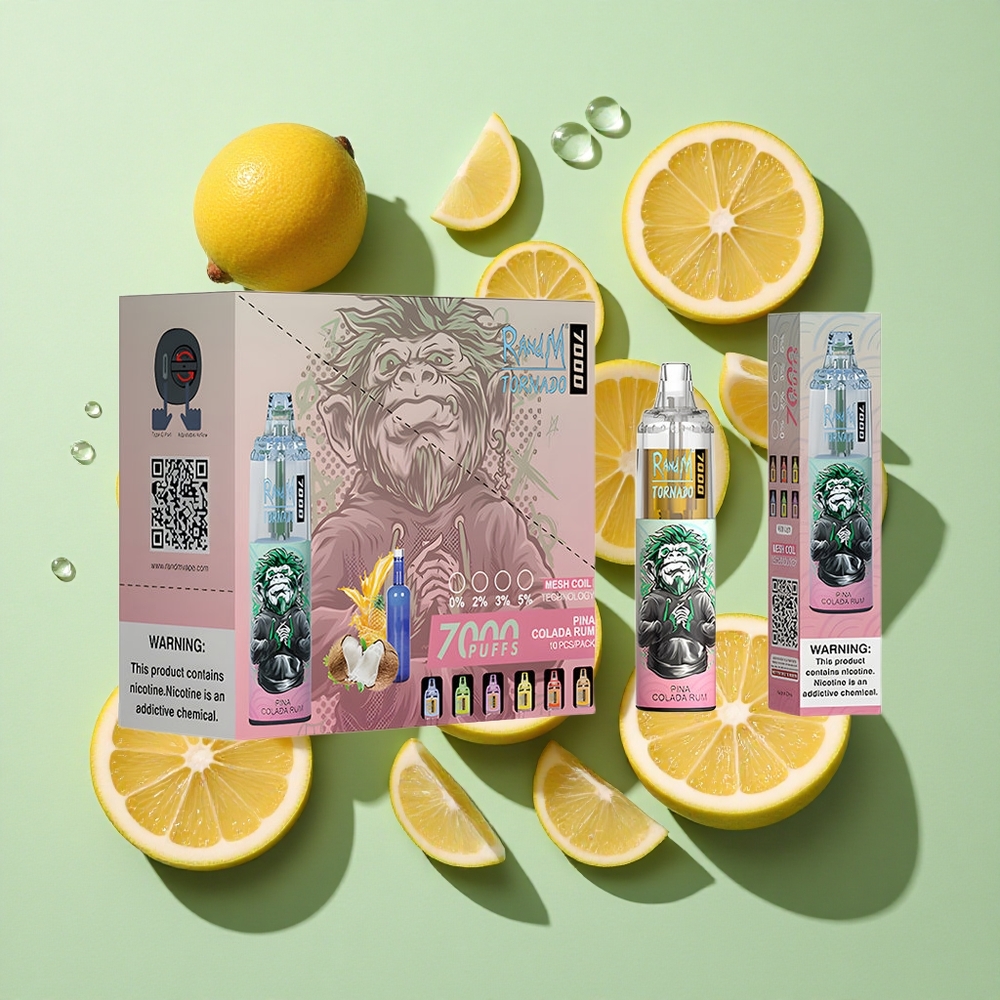 RandM Fumot Tornado 7000 Puffs Pina Colada Rom (14 ML E-væske) engros Norge RGB Lys