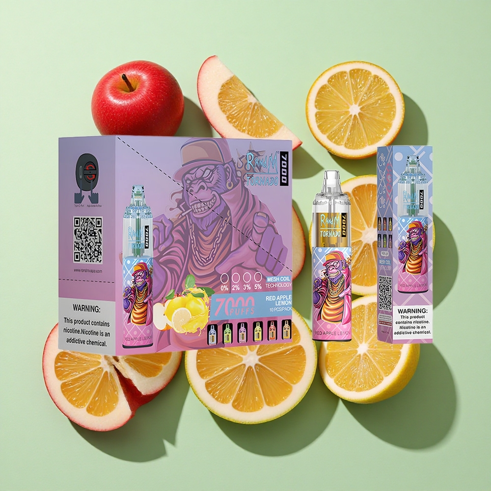 RandM Fumot Tornado 7000 Puffs Rødt Eple Sitron engros Norge 14 ML E-væske 850 MAH Batteri