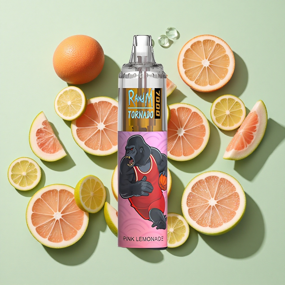 RandM Fumot Tornado 7000 Puffs Rosa Sitronade Engangs Vape 14 ML E-væske engros Norge RGB Lys