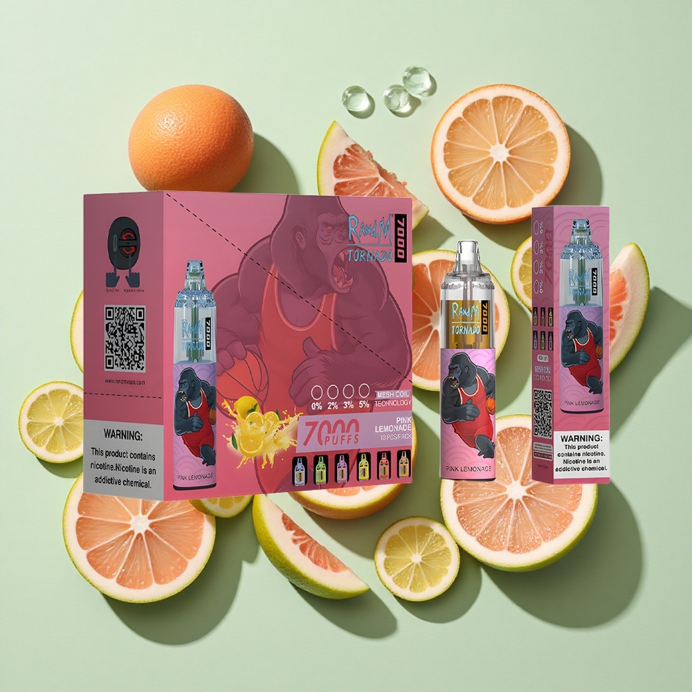 RandM Fumot Tornado 7000 Puffs Rosa Sitronade Engangs Vape 14 ML E-væske engros Norge RGB Lys