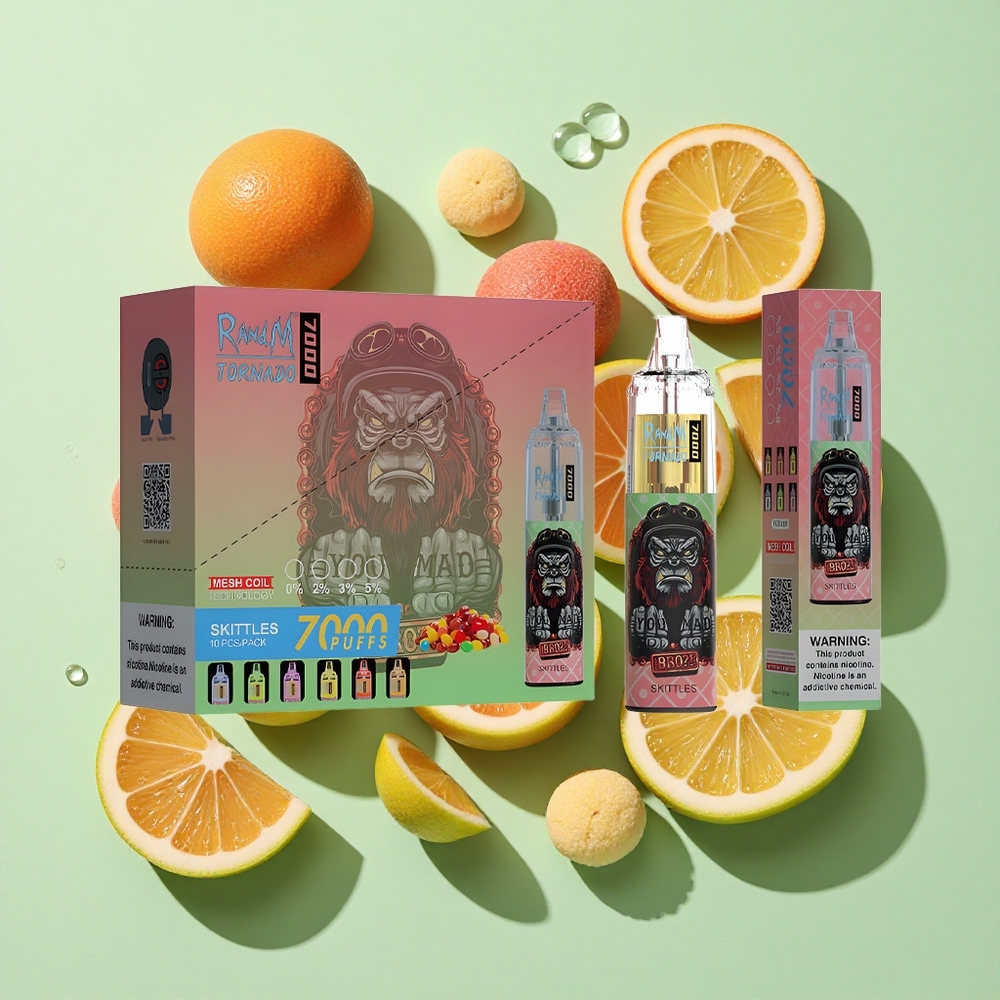 RandM Fumot Tornado 7000 Puffs Skittles (Drops) engros Norge Med 14 ML E-væske og Justerbar Lufttilførsel