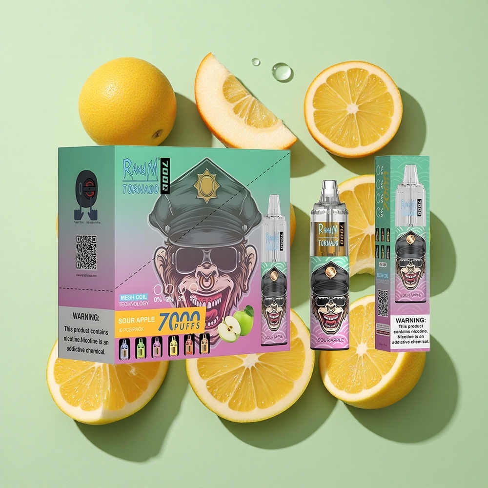 RandM Fumot Tornado 7000 Puffs Sur Eple Engangs Vape 14 ML E-væske engros Norge RGB Lys
