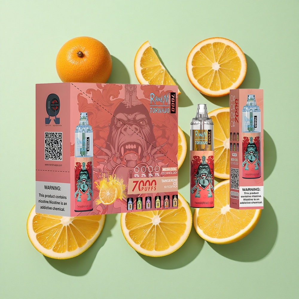 RandM Fumot Tornado 7000 Puffs Tangerinis Is engros Norge 14 ML E-væske Luftjusterbar