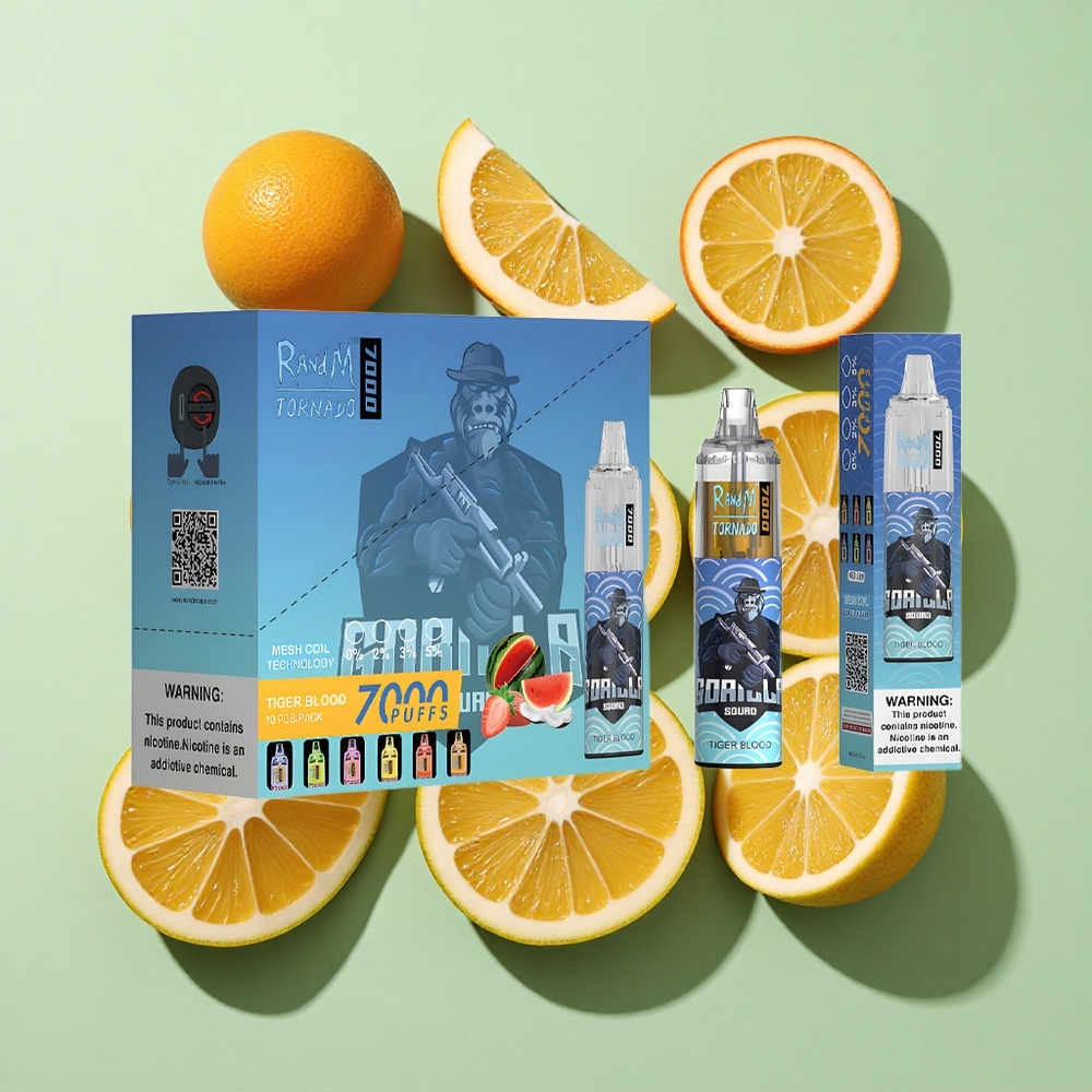 RandM Fumot Tornado 7000 Puffs Tiger Blod Engangs Vape 14 ML E-væske engros Norge RGB Lys