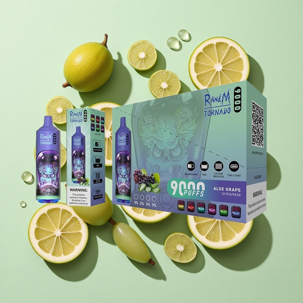RandM Fumot Tornado 9000 Puffs Aloe Grape (Aloe Drue) engros Norge 18 mL 850 mAh