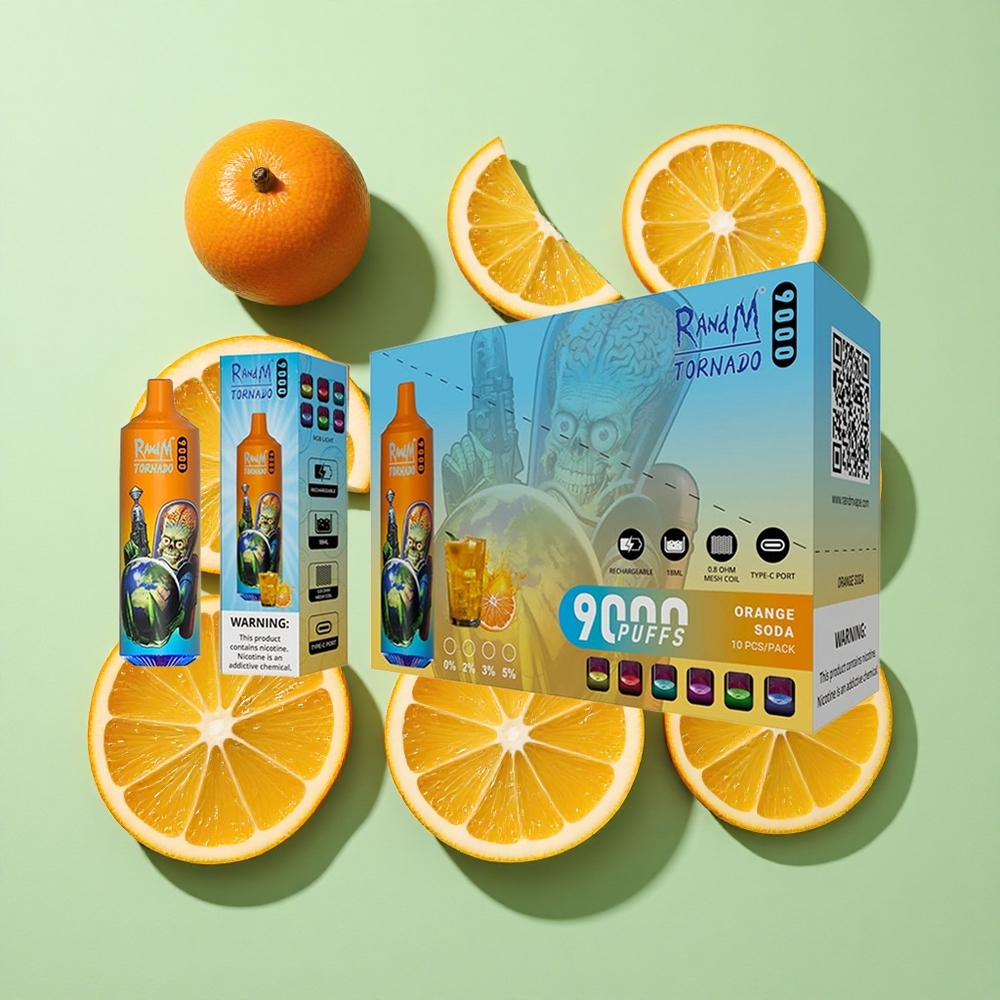 RandM Fumot Tornado 9000 Puffs Appelsinbrus engros Norge 18 mL Gittervikling