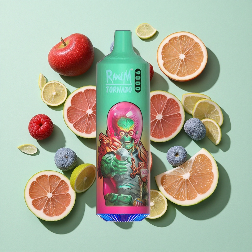 RandM Fumot Tornado 9000 Puffs Blå Bringebær Kush engros Norge MESH Coil 54 Smaker