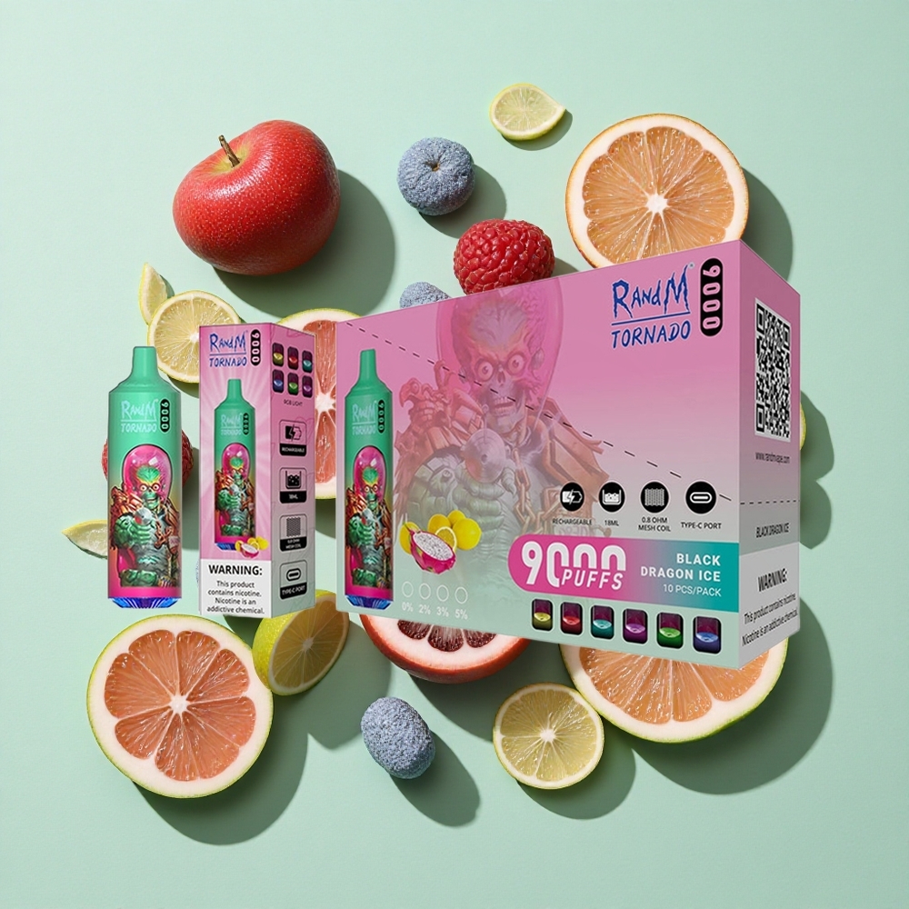 RandM Fumot Tornado 9000 Puffs Blå Bringebær Kush engros Norge MESH Coil 54 Smaker