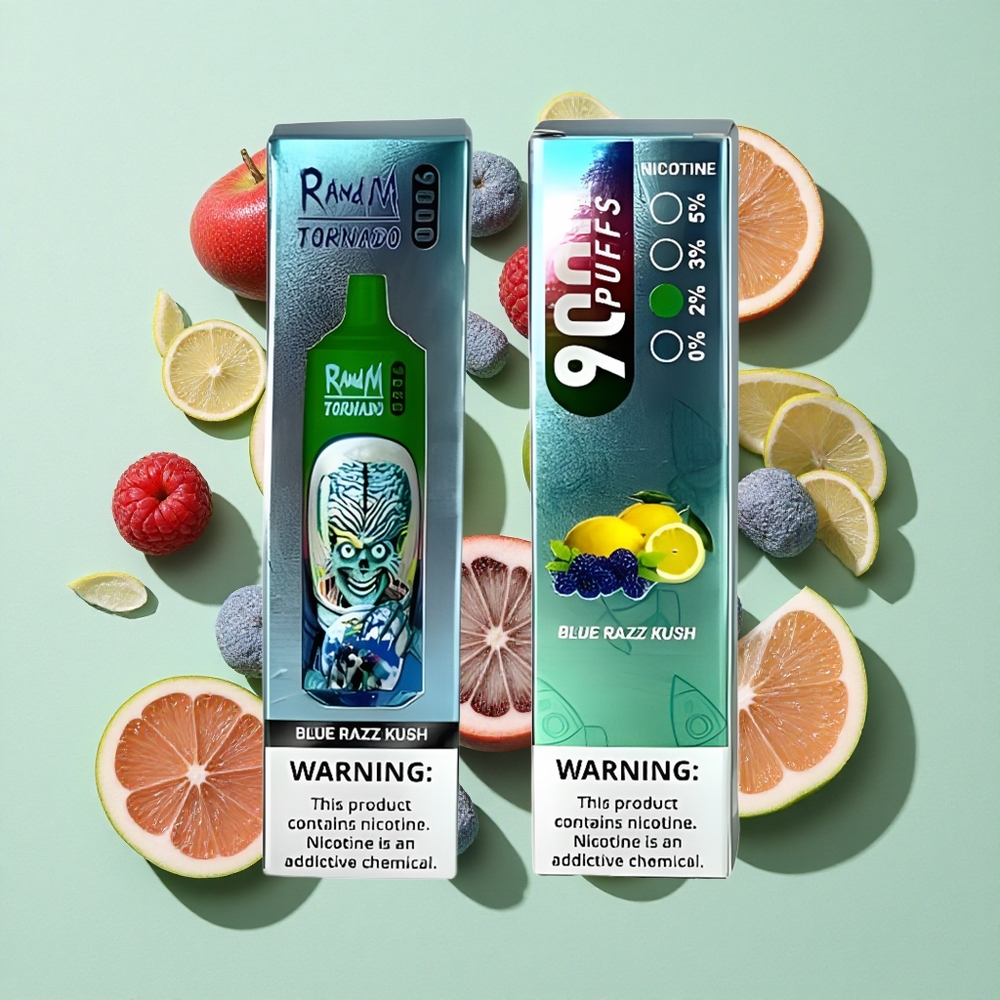 RandM Fumot Tornado 9000 Puffs Blå Bringebær Kush engros Norge MESH Coil 54 Smaker