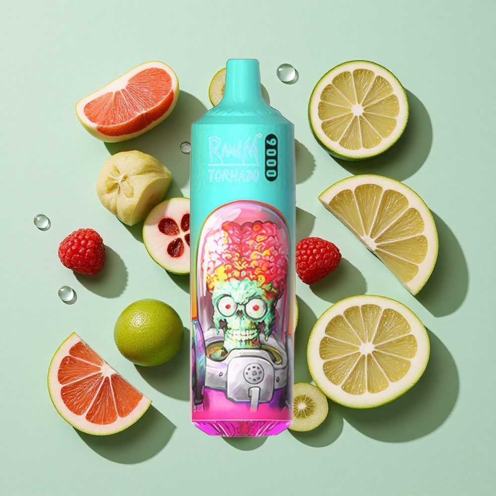 RandM Fumot Tornado 9000 Puffs Blå Sur Bringebær engros Norge 18 mL Mesh Coil