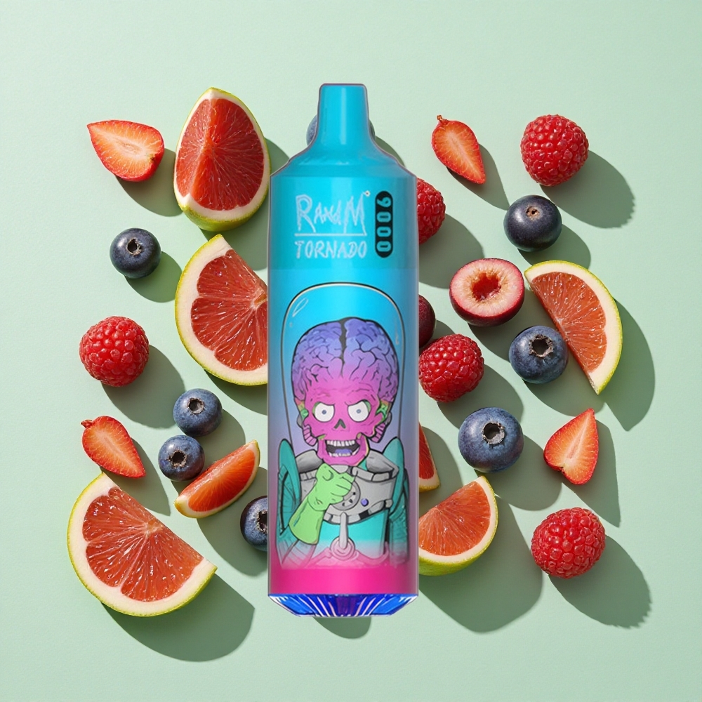 RandM Fumot Tornado 9000 Puffs Blåbær Bringebær engros Norge 18 mL Mesh Coil