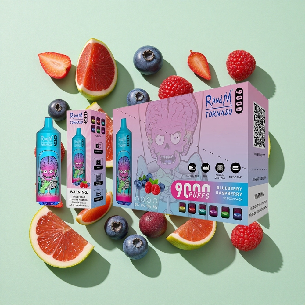 RandM Fumot Tornado 9000 Puffs Blåbær Bringebær engros Norge 18 mL Mesh Coil