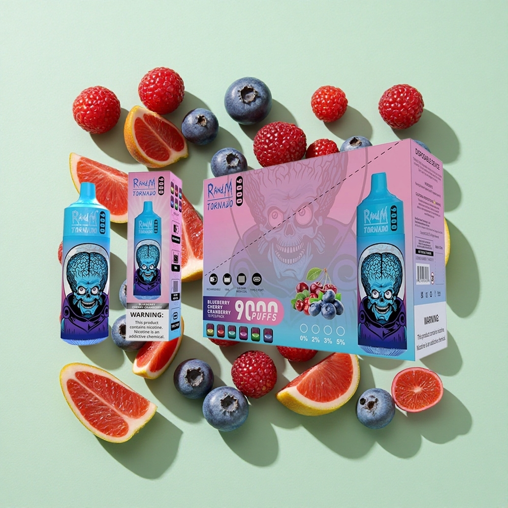 RandM Fumot Tornado 9000 Puffs Blåbær Kirsebær Tranebær engros Norge 18 mL Mesh Coil