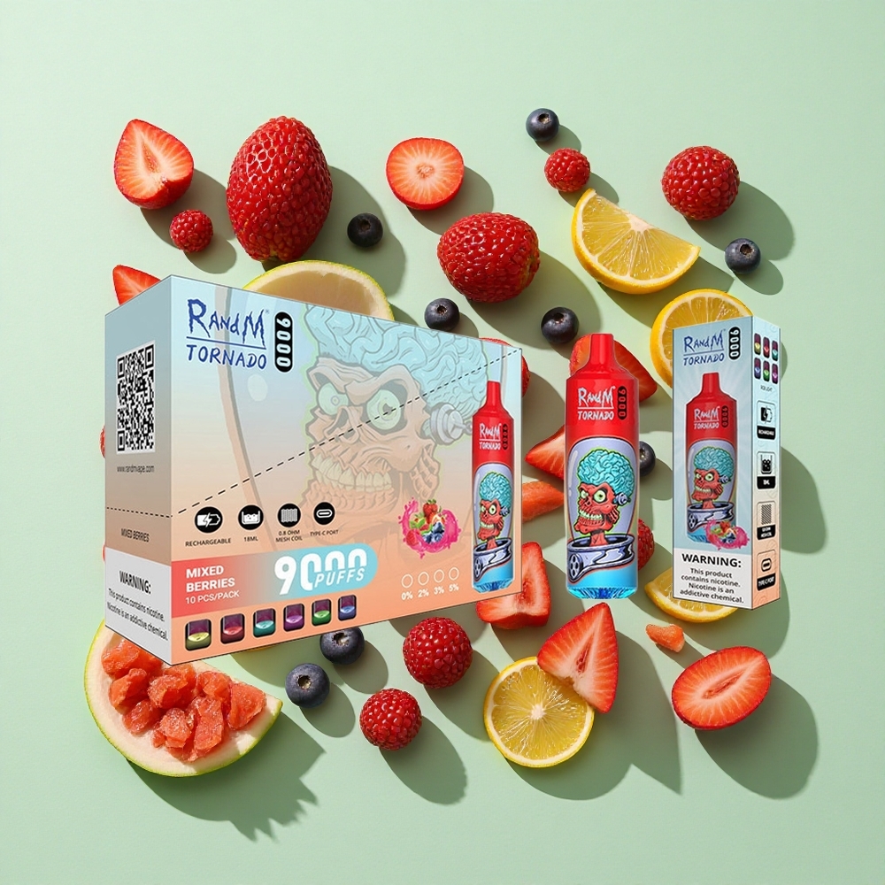 RandM Fumot Tornado 9000 Puffs Blandede Bær engros Norge 18 mL Mesh Coil
