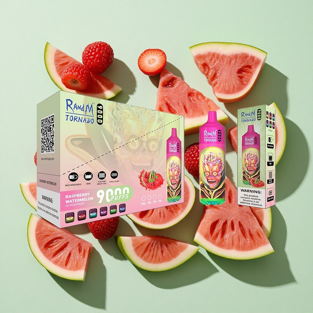 RandM Fumot Tornado 9000 Puffs Bringebær Vannmelon engros Norge 850 mAh Ladbar 18 mL