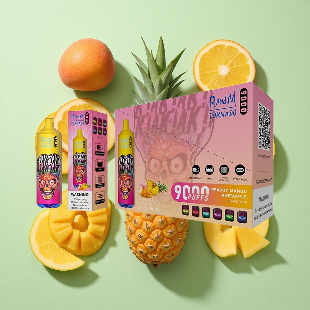 RandM Fumot Tornado 9000 Puffs Fersken Mango Ananas engros Norge 850 mAh Laderbar 18 mL