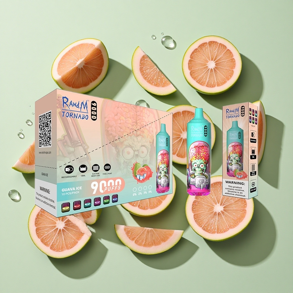 RandM Fumot Tornado 9000 Puffs Guava Is Engangs Vape med 54 Smaker og 18 mL E-væske engros Norge