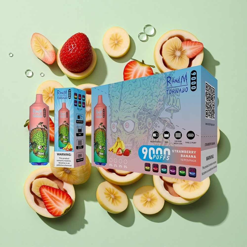 RandM Fumot Tornado 9000 Puffs Jordbær Banan engros Norge 18 mL & Mesh Coil