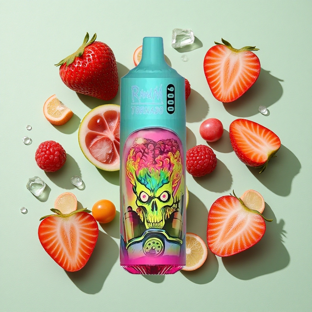 RandM Fumot Tornado 9000 Puffs Jordbær Bringebær Kirsebær Is engros Norge 18 mL Gittervikling